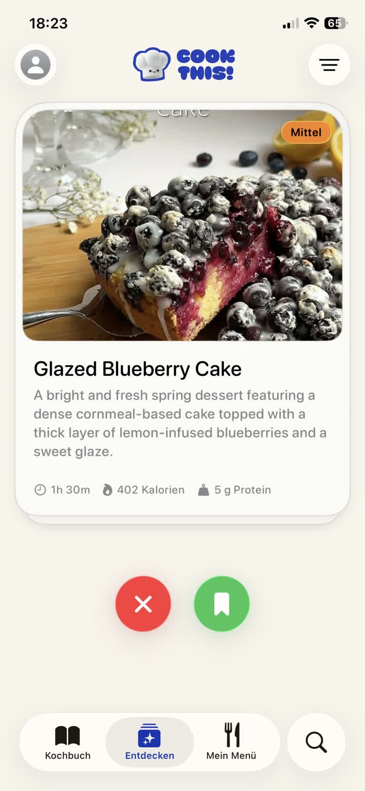 CookThis showing a saved recipe card for glazed blueberry cake